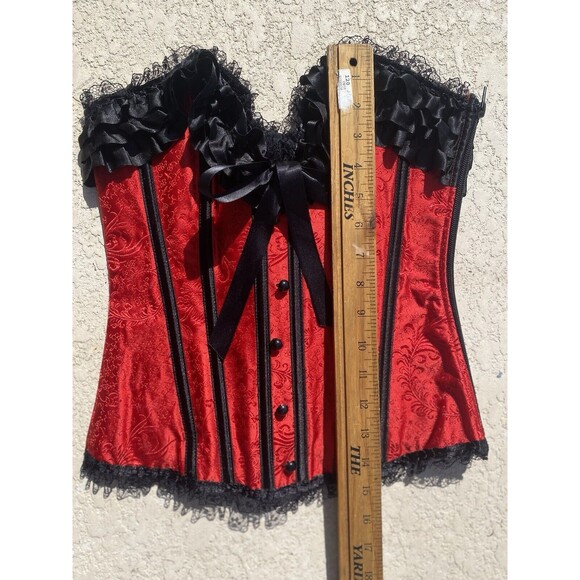 NWT BEDROOM STORIES Over-bust Corset Lace Up Boned Ruffles Womens S Red Black - Picture 3 of 13